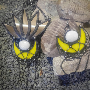Lotus mirror, Boho Lotus, Flower Pendant, Mantra Necklace | Glass Lotus Necklace, Botanical | Tribal Crescent Moon, Unearthly flower