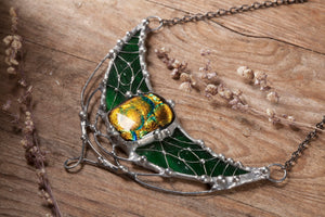 Forest Crescent Moon with cabochon from dichroic glass, green necklace, witchcraft, gothic jewelry, witchy, magical jewelry, witch jewelry