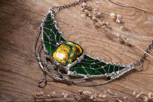 Forest Crescent Moon with cabochon from dichroic glass, green necklace, witchcraft, gothic jewelry, witchy, magical jewelry, witch jewelry