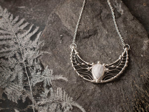 White Moonstone Necklace, Crescent LARGE MOON Charm Pendant, Sterling Silver, Stained Glass, fantasy charms , goddess pendant
