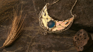 Sterling Silver Surface- Pendant Crescent Moon with iridescent stain glass.Modern juwelry, Boho Accessory, lunar necklace, elf Luna