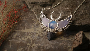 Sterling Silver Surface (optional) double horn pendant, Crescent Moon with Indian agat and stain glass. Modern juwelry, arrow necklace