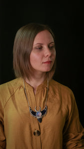 Sterling Silver Surface (optional) double horn pendant, Crescent Moon with Indian agat and stain glass. Modern juwelry, arrow necklace