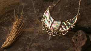 Sterling Silver Surface- Pendant Crescent Moon The symbol of Lake Unicorns. with iridescent and dihroic stain glass.