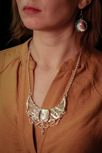 Sterling Silver Surface- Pendant Crescent Moon The symbol of Lake Unicorns. with iridescent and dihroic stain glass.