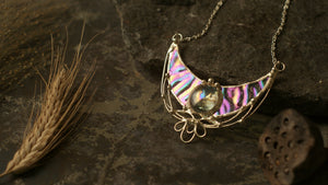 Sterling Silver Surface- Pendant Crescent Moon with iridescent stain glass. Modern juwelry. Necklace- elfin Luna for elf costume, cosplay