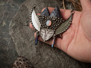Pendant Ушба with natural stone, indian agat, quartz  and mirror. Mountain, Arrowhead, Druid, multistrand necklace, alpinist, mountaineer
