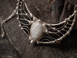 White Moonstone Necklace, Crescent LARGE MOON Charm Pendant, Sterling Silver, Stained Glass, fantasy charms , goddess pendant