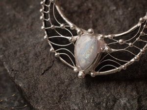 White Moonstone Necklace, Crescent LARGE MOON Charm Pendant, Sterling Silver, Stained Glass, fantasy charms , goddess pendant