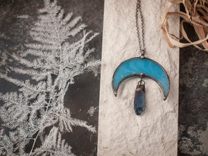 Blue Moon with crystal- titanium quartz, crescent watercolor Lunula, Double Horn Pendant, half moon, Moonchild Boho Necklace - Luna,
