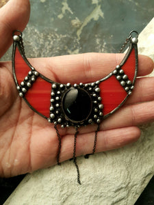 Red Stained Glass Crescent Moon with black cabochon, Viking Lunula, Double Horn Pendant, half Moon, Witchcraft Boho Necklace - Luna