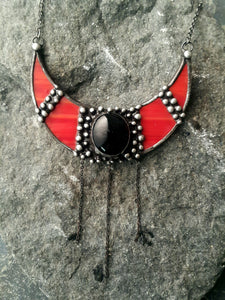 Red Stained Glass Crescent Moon with black cabochon, Viking Lunula, Double Horn Pendant, half Moon, Witchcraft Boho Necklace - Luna