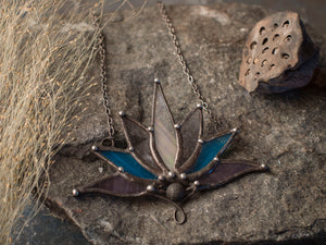 Big Lotus 7 wings, Boho Lotus, Flower Pendant, Mantra Necklace, Glass Lotus Necklace,lava rock beads, Stain glass, Handcraft, Handmade