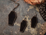 Black Coffin Jewelry set with hypoallergenic Earrings Hooks, Dark Stained glass, Witchy Earring, Spooky Goth, Deathrock, Gothick style