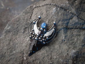 Pendant With Natural Stone- Obsidian & Crescent Moon Mirror, Black Mirror Necklace, Witchcraft Jewelry, For Men and Women, Shamanic Jewelry