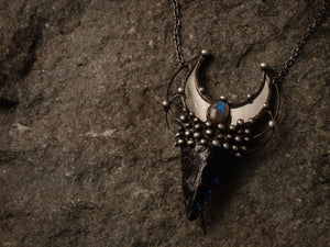 Pendant With Natural Stone- Obsidian and labradorite, Crescent Moon Mirror, Necklace, Witchcraft Jewelry For Men and Women, Shamanic Jewelry