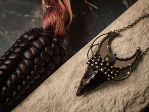 Pendant With Natural Stone- Obsidian and labradorite, Crescent Moon Mirror, Necklace, Witchcraft Jewelry For Men and Women, Shamanic Jewelry