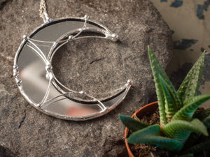 Large Crescent Mirror Moon with silver plated , Modern Jewelry, half moon crescent necklace, Mirror pendant, Lunula Necklace, lunar necklace