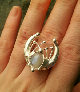 Silver plated moon ring with natural moon stone. Moon phase, wiccan, witchcraft jewelry, crescent  moon, celestial, tiny moon ring, lunula