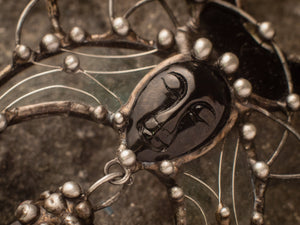 Pendant With Natural Stone- Face is Black Agat, Smoky Quartz and Black Stained Glass Crescent Moon, Necklace - Witchcraft Jewelry - Shamanic