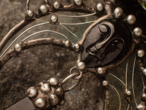 Pendant With Natural Stone- Face is Black Agat, Smoky Quartz and Black Stained Glass Crescent Moon, Necklace - Witchcraft Jewelry - Shamanic