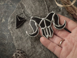 aries black skull necklace, zodiac, viking costume, wiccan jewelry magic, astrology necklace, animal skull, witchcraft, magic amulet