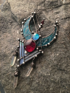 Pendant &#39; Love In Wintertime &#39;, boho necklace, boho jewelry, bohemian long necklace, ethnic style, red, blue, quartz witchcraft necklaces