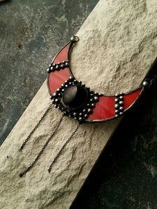 Red Stained Glass Crescent Moon with black cabochon, Viking Lunula, Double Horn Pendant, half Moon, Witchcraft Boho Necklace - Luna