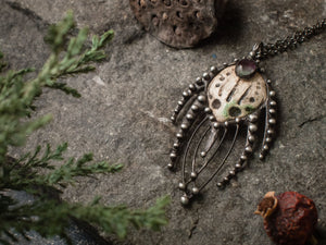 Pendant- The Predator. Necklace with clay mask, natural fluorite. Shaman ( shamanic ) jewelry, alien vs predator,