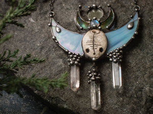 Pendant- Dreamer. Necklace with clay mask, natural moonstone, quartz cerystal. Shaman ( shamanic ) jewelry, steampunk pendant, witchcraft