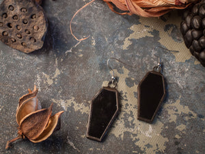 Black Coffin Jewelry set with hypoallergenic Earrings Hooks, Dark Stained glass, Witchy Earring, Spooky Goth, Deathrock, Gothick style