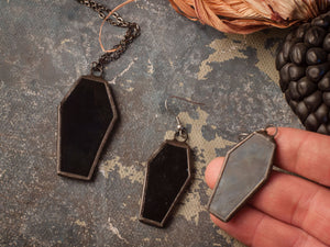 Black Coffin Jewelry set with hypoallergenic Earrings Hooks, Dark Stained glass, Witchy Earring, Spooky Goth, Deathrock, Gothick style
