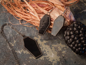 Black Coffin Jewelry set with hypoallergenic Earrings Hooks, Dark Stained glass, Witchy Earring, Spooky Goth, Deathrock, Gothick style