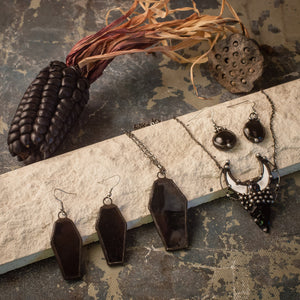 Black Coffin Jewelry set with hypoallergenic Earrings Hooks, Dark Stained glass, Witchy Earring, Spooky Goth, Deathrock, Gothick style