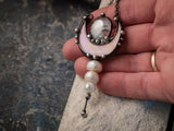 Pendant with 3 pearl, miniature mother of pearl crescent from light green to pink iridescence stain glass.