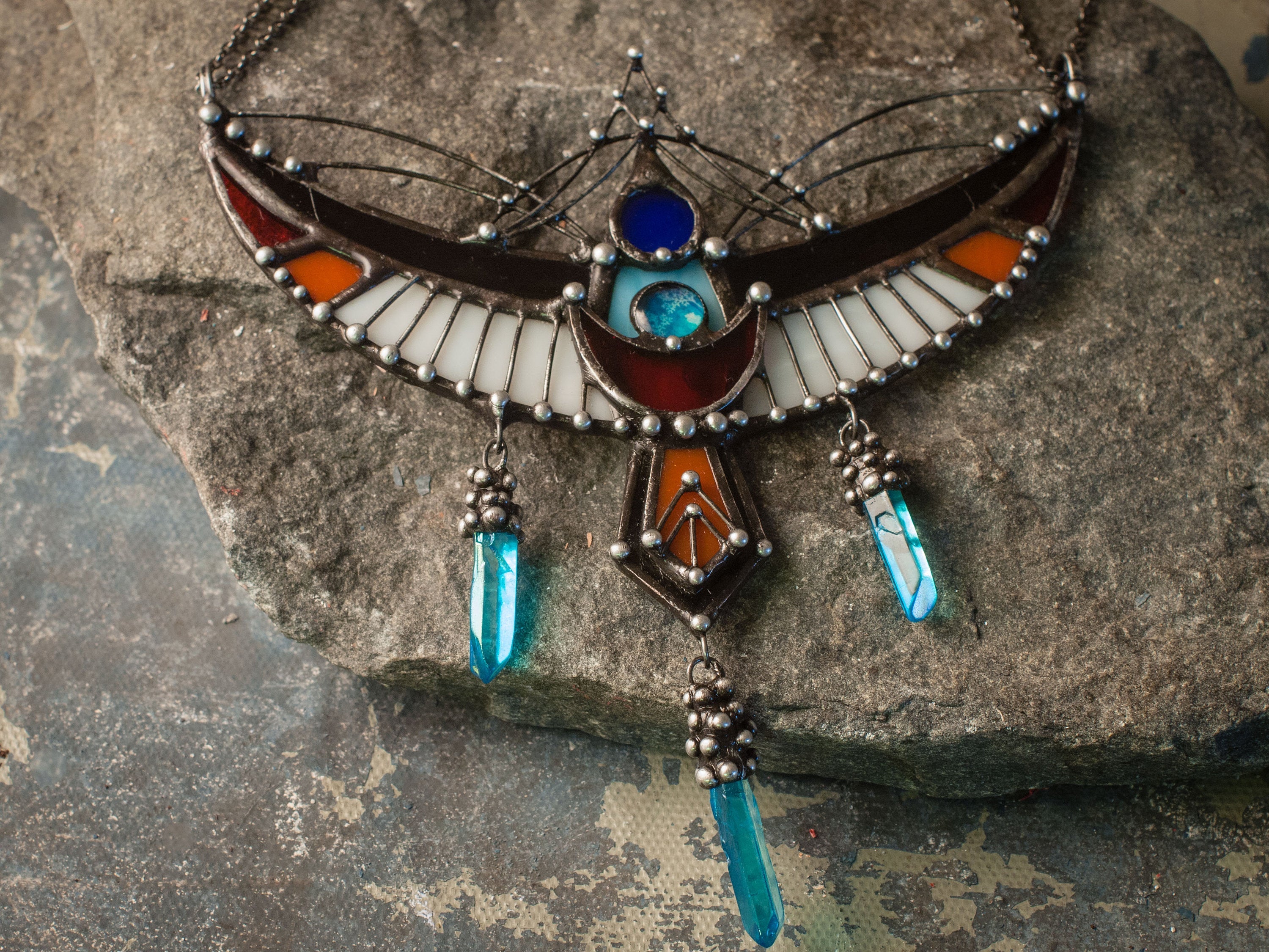 Glowies Glow Jewelry Art & Decor - Stained Glass Raven Glow in the dark  Necklace