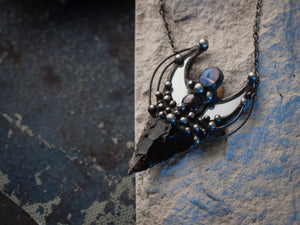 Pendant With Natural Stone- Obsidian & Crescent Moon Mirror, Black Mirror Necklace, Witchcraft Jewelry, For Men and Women, Shamanic Jewelry