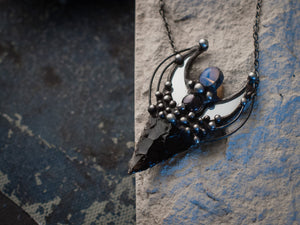 Pendant With Natural Stone- Obsidian & Crescent Moon Mirror, Black Mirror Necklace, Witchcraft Jewelry, For Men and Women, Shamanic Jewelry