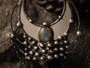 Pendant With Natural Stone- Obsidian and labradorite, Crescent Moon Mirror, Necklace, Witchcraft Jewelry For Men and Women, Shamanic Jewelry