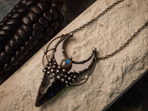 Pendant With Natural Stone- Obsidian and labradorite, Crescent Moon Mirror, Necklace, Witchcraft Jewelry For Men and Women, Shamanic Jewelry