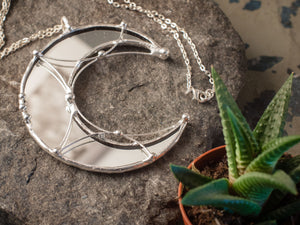 Large Crescent Mirror Moon with silver plated , Modern Jewelry, half moon crescent necklace, Mirror pendant, Lunula Necklace, lunar necklace