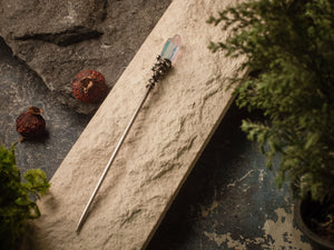 Chinese metal hair stick with pink and blue quartz