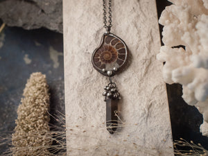 Natural Ammonite with smooky quartz, Spiral shell, Jurassic Jewellery, paleontology, ammonite fossil pendant, polished ammonite Necklace