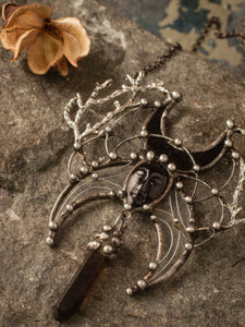 Pendant With Natural Stone- Face is Black Agat, Smoky Quartz and Black Stained Glass Crescent Moon, Necklace - Witchcraft Jewelry - Shamanic