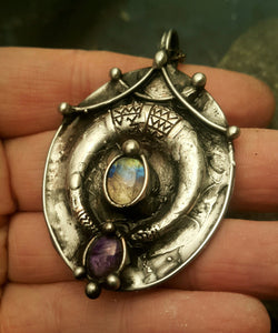 Brass pendant with crescent moon and natural stone- fluorite and moonstone, ethnic pendant, diy boho jewelry