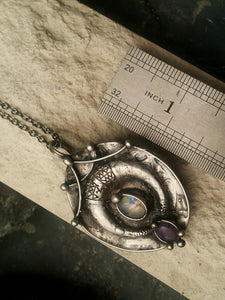 Brass pendant with crescent moon and natural stone- fluorite and moonstone, ethnic pendant, diy boho jewelry