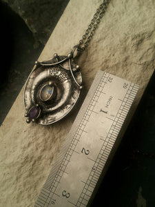 Brass pendant with crescent moon and natural stone- fluorite and moonstone, ethnic pendant, diy boho jewelry