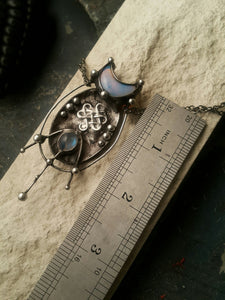 Brass pendant- cosmic octopus with crescent moon from opalite and eye is natural moonstone. Brass Fantasy Pendant