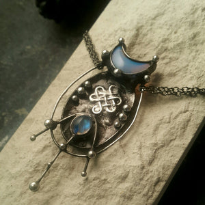 Brass pendant- cosmic octopus with crescent moon from opalite and eye is natural moonstone. Brass Fantasy Pendant