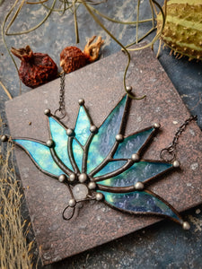 Big Lotus 7 wings, Boho Lotus, Flower Pendant, Mantra Necklace, Blue Lotus Necklace, Stain glass Iridescent necklace.